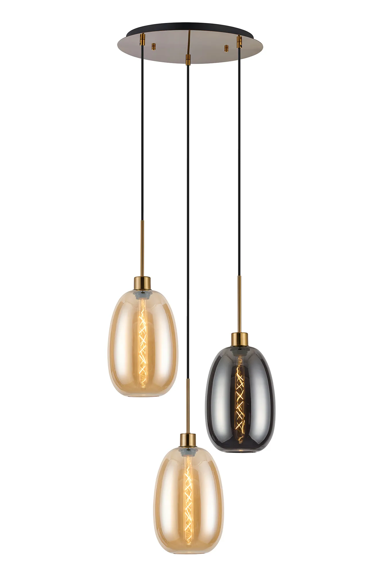 Lori 40cm Round Pendant, 3 Light Adjustable E27, Antique Gold/Amber/Smoke Slim Curved Trapezium Shades